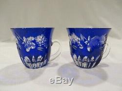 Ajka Hungary Cobalt Blue Cut-to-clear Crystal Punch Bowl & Eight Cups