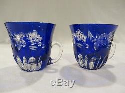 Ajka Hungary Cobalt Blue Cut-to-clear Crystal Punch Bowl & Eight Cups