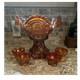 Amber Carnival Glass Iridescent Round Punch Bowl Set with Bowl & 4 Cups