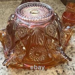 Amber Carnival Glass Iridescent Round Punch Bowl Set with Bowl & 4 Cups