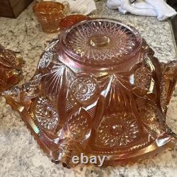 Amber Carnival Glass Iridescent Round Punch Bowl Set with Bowl & 4 Cups