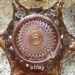 Amber Carnival Glass Iridescent Round Punch Bowl Set with Bowl & 4 Cups