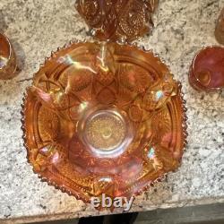 Amber Carnival Glass Iridescent Round Punch Bowl Set with Bowl & 4 Cups