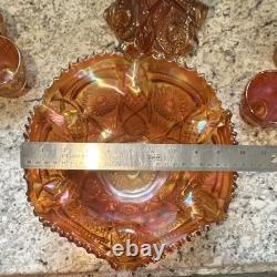 Amber Carnival Glass Iridescent Round Punch Bowl Set with Bowl & 4 Cups