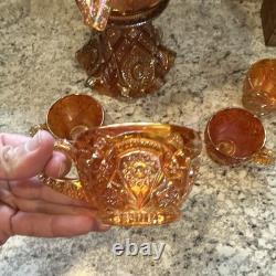 Amber Carnival Glass Iridescent Round Punch Bowl Set with Bowl & 4 Cups