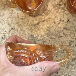 Amber Carnival Glass Iridescent Round Punch Bowl Set with Bowl & 4 Cups