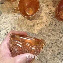 Amber Carnival Glass Iridescent Round Punch Bowl Set with Bowl & 4 Cups
