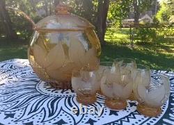 Amber Crystal Punch Bowl Frosted Etched Leaves 6 Cups With Crystal Ladel