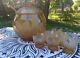 Amber Crystal Punch Bowl Frosted Etched Leaves 6 Cups With Crystal Ladel