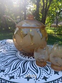 Amber Crystal Punch Bowl Frosted Etched Leaves 6 Cups With Crystal Ladel