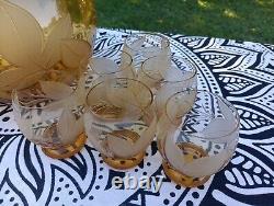 Amber Crystal Punch Bowl Frosted Etched Leaves 6 Cups With Crystal Ladel