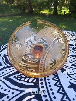 Amber Crystal Punch Bowl Frosted Etched Leaves 6 Cups With Crystal Ladel