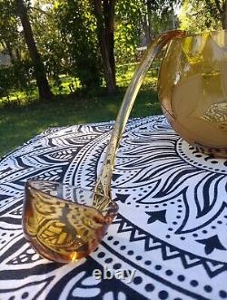 Amber Crystal Punch Bowl Frosted Etched Leaves 6 Cups With Crystal Ladel