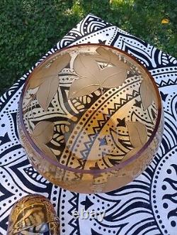 Amber Crystal Punch Bowl Frosted Etched Leaves 6 Cups With Crystal Ladel