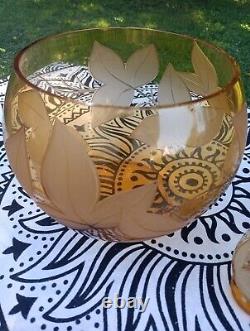 Amber Crystal Punch Bowl Frosted Etched Leaves 6 Cups With Crystal Ladel