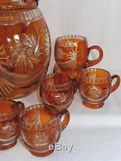 Amber Cut to Clear Bohemian Glass Punch Bowl Set