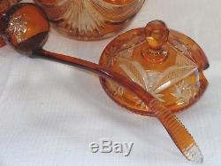 Amber Cut to Clear Bohemian Glass Punch Bowl Set