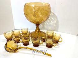 Amber Glass Pedestal Punch Bowl Set Mid Century Modern Empoli 1960s