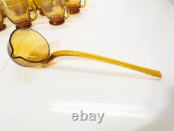 Amber Glass Pedestal Punch Bowl Set Mid Century Modern Empoli 1960s