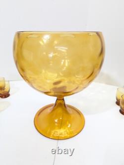 Amber Glass Pedestal Punch Bowl Set Mid Century Modern Empoli 1960s