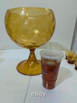 Amber Glass Pedestal Punch Bowl Set Mid Century Modern Empoli 1960s