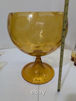Amber Glass Pedestal Punch Bowl Set Mid Century Modern Empoli 1960s