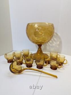 Amber Glass Pedestal Punch Bowl Set Mid Century Modern Empoli 1960s
