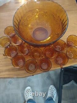 Amber Tiara Punch Bowl And 14 Cups