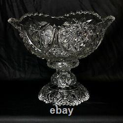 American Brilliant Cut Clear Glass 2Pc Punch Bowl Pedestal Base 10.5 Antique