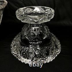 American Brilliant Cut Clear Glass 2Pc Punch Bowl Pedestal Base 10.5 Antique
