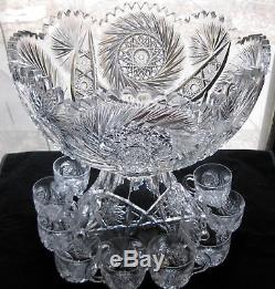 American Brilliant Cut Glass 14 1/2 Punch Bowl 9 Cups Daisy KOH-I-NOOR Glas Co