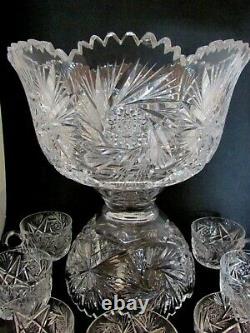 American Brilliant Cut Glass ABP Punch Bowl with Base & 7 Cups, Pinwheels, Stars