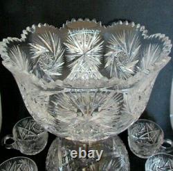 American Brilliant Cut Glass ABP Punch Bowl with Base & 7 Cups, Pinwheels, Stars