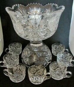 American Brilliant Cut Glass ABP Punch Bowl with Base & 7 Cups, Pinwheels, Stars