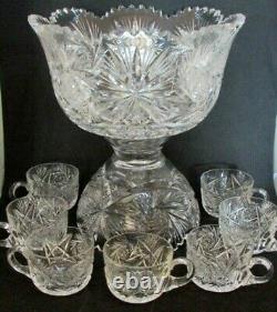 American Brilliant Cut Glass ABP Punch Bowl with Base & 7 Cups, Pinwheels, Stars