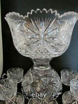 American Brilliant Cut Glass ABP Punch Bowl with Base & 7 Cups, Pinwheels, Stars