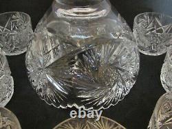 American Brilliant Cut Glass ABP Punch Bowl with Base & 7 Cups, Pinwheels, Stars