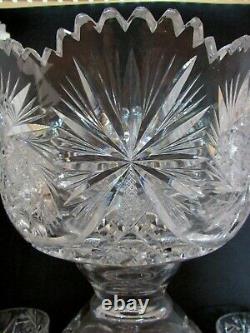 American Brilliant Cut Glass ABP Punch Bowl with Base & 7 Cups, Pinwheels, Stars