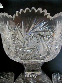 American Brilliant Cut Glass ABP Punch Bowl with Base & 7 Cups, Pinwheels, Stars