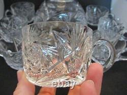 American Brilliant Cut Glass ABP Punch Bowl with Base & 7 Cups, Pinwheels, Stars