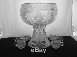 American Brilliant Cut Glass Complete 2 Part Punch Bowl Set With 12 Cups