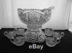 American Brilliant Cut Glass Egginton Cambria 2 Part Punch Bowl Set With Cups
