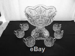 American Brilliant Cut Glass Fry 2 Part Punch Bowl With Set 6 Matching Cups