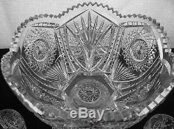 American Brilliant Cut Glass Fry 2 Part Punch Bowl With Set 6 Matching Cups
