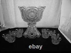 American Brilliant Cut Glass Holiday 2 part punch bowl set with cups Rare design