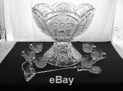 American Brilliant Cut Glass Meriden #136 14 Punch Bowl Complete Ladle Cups