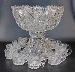 American Brilliant Cut Glass Punch Bowl & 12 Matching Punch Cups