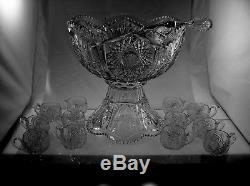 American Brilliant Cut Glass Punch Bowl In Keystone By Fry 12 Cups Ladle 14