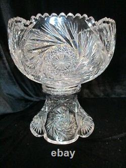 American Brilliant Cut Glass Punch Bowl & Stand Whirling Stars 10 3/4 Tall