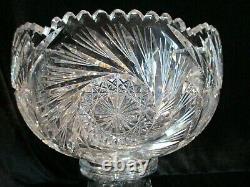 American Brilliant Cut Glass Punch Bowl & Stand Whirling Stars 10 3/4 Tall